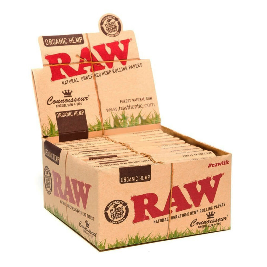 Cartine di canapa biologica RAW Connoisseur Kingsize con punte (24 pezzi / display)