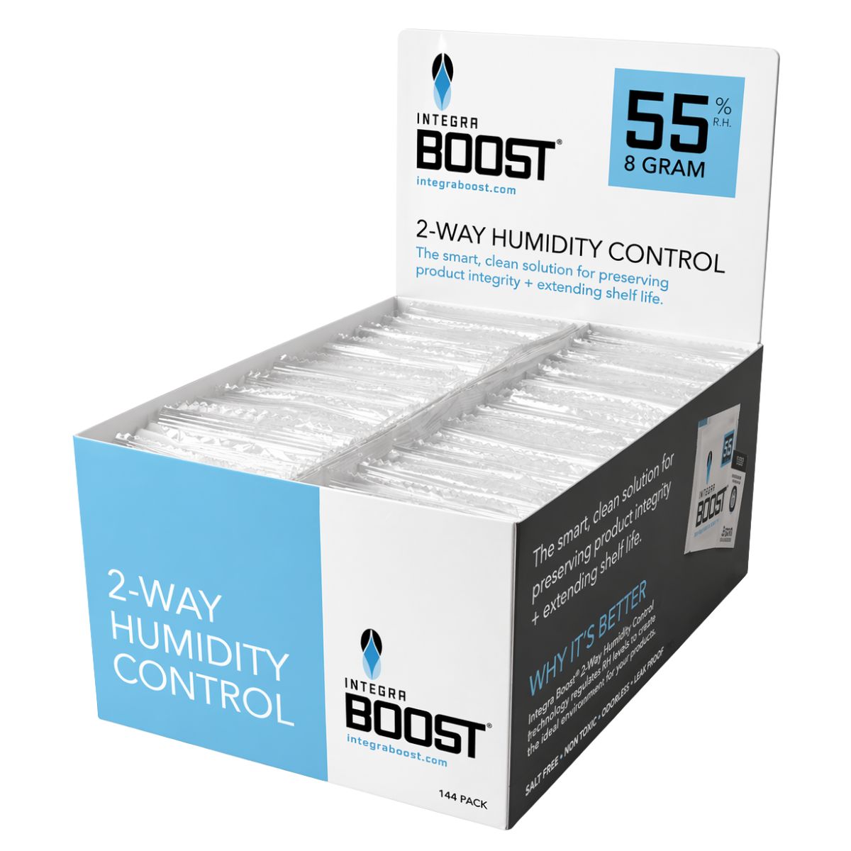 Integra Boost 2-Way Humidity Control 55% RH - 8 Grammi (display 144pz) Integra Boost 2 Way Humidity Control 55 RH 8 Grams 144pcs display