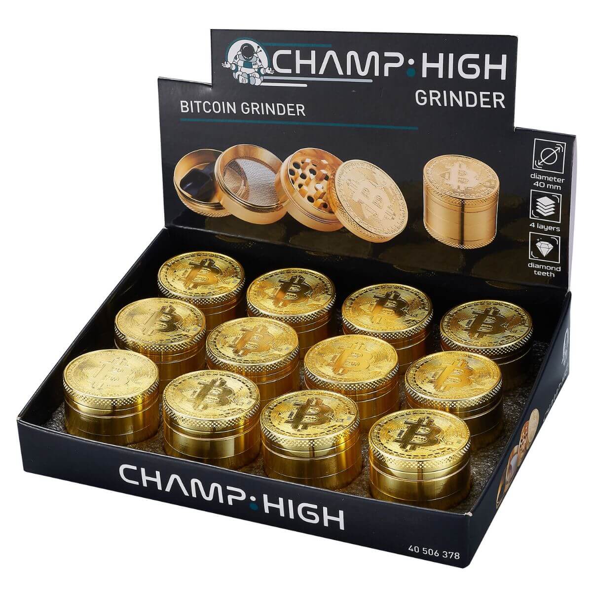 Champ High Grinder in Metallo Bitcoin 4 Parti - 40 mm (12 pz/display) Champ High Grinder in Metallo Bitcoin 4 Parti - 40 mm (12 pz/display)