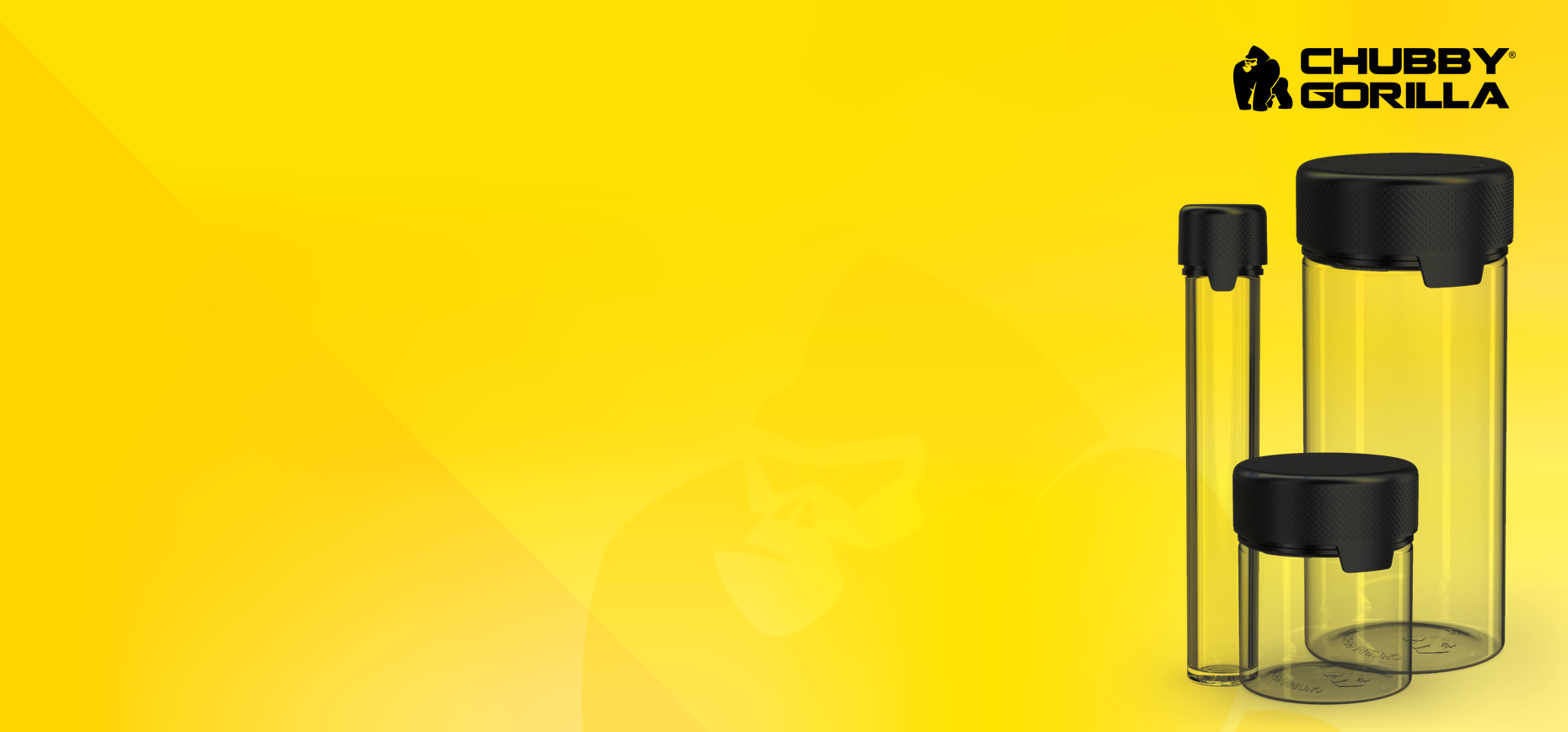 Chubby Gorilla child-resistant containers and tubes on the brand's yellow ground